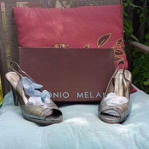 ANTONIO MELANI Silver Peep-Toe Slingback Heels Long Life Left